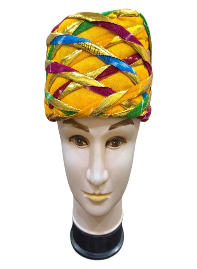 BANI THANI Authentic Rajasthani Jaipuri Pagdi for Men's & Women's Traditional Round Turban for Wedding or Any Party Events or Festival, Freesize Pagdi Support Upto 22inch head size (Yellow Multi Colour) - Image 2
